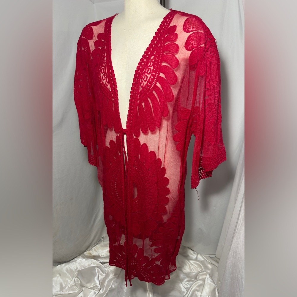 Sheer Red Sheer Lace Kimono Duster Women’s Medium